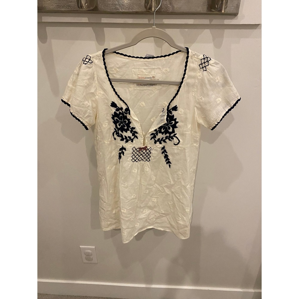 Odd Molly Uncorporated Cream Embroidered Boho Blouse Navy Floral Trim Size 1